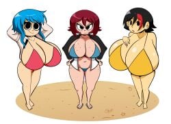 3girls asian asian_female big_breasts bikini black_hair blue_hair breasts cleavage female female_only freckles gigantic_breasts huge_breasts kim_pine knives_chau massive_breasts penken ramona_flowers red_hair scott_pilgrim trio