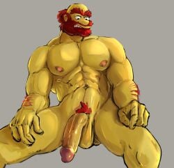 20th_century_studios abs arm_hair beard biceps completely_nude gay grey_background groundskeeper_willie hi_res huge_balls huge_cock muscles muscular muscular_male naked nipples pecs pectorals red_hair sitting tagme the_simpsons