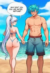 1boy 1girl abs ai_generated ass back beach bikini blue_bikini blue_eyes blue_hair blue_sky blush breasts clothing cloud couple day earrings english_text female from_behind hand_grab hetero holding_hands huge_ass jewelry long_hair looking_at_another male male_swimwear muscular muscular_male navel neptune_vasilias ocean open_mouth outdoors pectorals ponytail rwby sand scar scar_across_eye scar_on_face short_hair shorts side-tie_bikini_bottom side_ponytail sky speech_bubble standing swim_trunks swimsuit thick_thighs thighs thong thong_bikini topless_male very_long_hair water weiss_schnee white_hair wide_hips