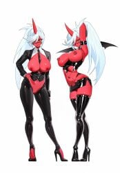 1girls arched_back areolae armband arms_behind_head bangs black_clothing breasts breasts_out cleavage clothing collar corset demon_girl female_only functionally_nude glasses green_hair hand_on_hip high_heels horn kneesocks_daemon large_breasts latex legwear long_hair looking_at_viewer miniskirt multiple_views navel nipple_piercing nipples oerba_yun_fang panty_&_stocking_with_garterbelt ponytail posing pussy red_skin revealing_clothes reverse_outfit shiny_clothes silver_hair smile solo spiked_collar suit thighhighs thighs tie tie_between_breasts waytok wings zettai_ryouiki