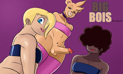 5:3 afro anthro balls belly biped black_hair blonde_hair blue_eyes brown_eyes cherryfox73 choker clothing dark dark-skinned_male dark_skin erection fur genitals group gus_(sssonic2) hair hi_res human humanoid humanoid_genitalia humanoid_penis interspecies jewelry leggings legwear leo_(sssonic2) lipstick looking_at_viewer makeup male male/male mammal milo_(cherryfox73) necklace nude penis simple_background smile text thick_thighs ursid