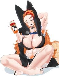 1girl 1girls abs absurdres animal_ears armpits barefoot big_breasts black_nails black_shorts blue_eyes bone_hair_ornament breasts buffpup_(vtuber) cleavage closed_mouth collar commentary cup english_commentary female female_pubic_hair hair_ornament highres huge_breasts immortalboobs large_breasts long_hair massive_breasts multicolored_hair muscle_mommy muscles muscular muscular_female open_mouth orange_armpit_hair orange_hair orange_pubic_hair pubic_hair red_hair scar scar_on_breast shorts sitting solo sports_bra sweat sweaty tail thighs vchiban virtual_youtuber vtuber wolf_ears wolf_girl wolf_tail