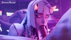 1boy 1girl1boy 1girls android asian asian_female big_penis blowjob cum_in_mouth deepthroat horns neon_lights nyrouh omnic overwatch overwatch_2 red_eyes robot robot_girl robot_humanoid shion_(overwatch) tagme video white_hair