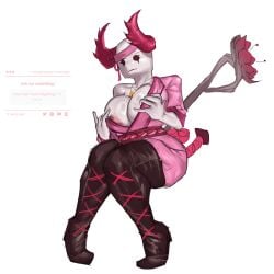 1girl areola areolae big_ass big_breasts big_thighs clothed clothed_female female female_only horns lornan1hater phighting pulling_clothing roblox robloxian sitting smile solo solo_female vinestaff_(phighting) white_body white_skin