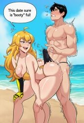 1boy 1girl abs ahoge ai_generated ass ass_grab beach bent_over bikini black_hair black_male_swimwear blonde_hair blue_sky blush breasts bulge buttjob cleavage closed_eyes clothing day english_text erection erection_under_clothes female grabbing_another's_ass groping hands_on_own_knees hetero large_breasts long_hair male male_swimwear mechanical_arms motion_lines muscular muscular_male ocean open_mouth outdoors pectorals prosthesis prosthetic_arm pun purple_eyes rwby sand sex sex_from_behind shiny_skin short_hair single_mechanical_arm sky smile speech_bubble standing standing_sex sweat swimsuit teeth thick_thighs thighs thong thong_bikini topless_male trembling water wavy_hair yang_xiao_long yellow_bikini