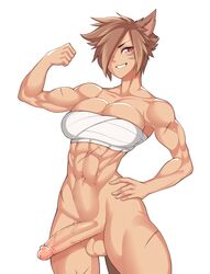 1futa abs absurdres animal_ears bare_shoulders breasts brown_hair cat_ears cat_girl cat_tail cleavage collarbone commission cowboy_shot final_fantasy final_fantasy_xiv flexing futa_only futanari hair_over_one_eye hand_on_hip highres large_breasts looking_at_viewer miqo'te muscular_futanari navel penis pose restrained roadi3 sarashi scar short_hair simple_background sleeveless slit_pupils solo solo_futa tail teeth veins veiny_penis white_background