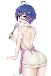 apron blue_eyes blue_hair debussy_asmr femboy glasses icing licking milf unknown_artist