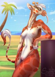 anthro beach breasts clitoral_hood clitoris curvy_figure eyewear female genitals giraffe giraffid glasses hi_res long_neck long_tongue mammal nipples nude patreon_reward pinup pinup_pose pose presenting presenting_pussy pussy sea seaside sky smile solo summer sunglasses sunny_way tongue tongue_out water