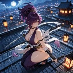 1girl ai_assisted ai_generated architecture arm_guards bangs bare_shoulders breasts building choker cleavage collarbone curvaceous curvy curvy_female curvy_figure east_asian_architecture female full_body full_moon hair_between_eyes hair_ornament japanese_clothes jigokuraku katana lantern large_breasts long_hair looking_at_viewer miyuai moon night night_sky ninja pagoda ponytail purple_hair purple_kimono red_eyes rooftop sandals sash sky sleeveless_kimono smile solo sword thick thick_ass thick_butt thick_hips thick_legs thick_thighs thighs town voluptuous voluptuous_female weapon wide_hips wide_thighs yuzuriha_(jigokuraku)