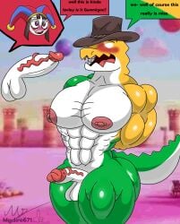 1boy 1futa 2026 abs absurd_res alligator alligatorid anthro balls biceps big_pecs big_penis blush crocodile crocodilian crocodylid dialogue digital_media_(artwork) food_creature futa futa/male futanari glitch_productions green_body gummigoo_(tadc) gummigoo_(the_amazing_digital_circus) gummy_creature hat headwear hi_res huge_pecs huge_penis intersex/male jester jester_hat male mammal mgdire671 multicolored_body muscular muscular_anthro muscular_male muscular_thighs nipple_piercing nipples pecs penis piercings pomni pomni_(tadc) pomni_(the_amazing_digital_circus) reptile tadc the_amazing_digital_circus thick_thighs triceps vein veiny_penis white_body wide_hips yellow_body