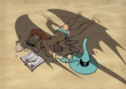 1girls beach bikini blue_bikini book bottle comic dragon drink female female_focus female_only flip_flops hat long_hair lotion_bottle melusine_(spirou_magazine) melusine_anoukian official_art orange_hair red_hair shadow solo solo_female solo_focus spirou_magazine sunbathing sunglasses topless topless_female witch_hat