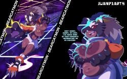 1girls animal_hands bear_hand bearcatmon breast_grab breasts breasts_out dark-skinned_female dark_nipples dark_skin dialogue digimon digimon_(species) digimon_beatbreak female female_focus female_only juanp1arts large_breasts long_hair looking_at_viewer mask masked masked_female nipples open_clothes open_jacket orange_sleeves red_eyes shorts talking thick thick_ass thick_thighs thighhighs thighs white_shirt