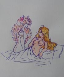 2girl 2girls aphrodite aphrodite_(greek_mythology) bed blonde_hair breasts breasts_out female_only flower flower_in_hair greek_mythology helen_of_troy jewelry lesbian long_hair marker_(artwork) notorange1 nude nude_female nudity on_bed strawberry_blonde_hair the_epic_cycle traditional_art trojan_war yuri