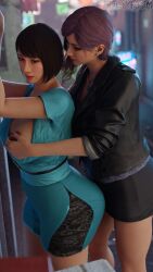 2girls 3d alley asian asian_female big_breasts blender blue_dress breast_grab breasts breasts_bigger_than_head brown_hair busty busty_female clothed clothed_female curvy curvy_figure dominant dominant_female dress female_only groping_breasts groping_from_behind huge_breasts japanese japanese_female korean korean_female lesbian lesbians like_a_dragon_(series) night piercing piercings pink_hair polygasm red_lipstick rgg_studio ryuu_ga_gotoku saeko_mukouda sega seong-hui seonhee submissive_female watermark yakuza_(series) yuri