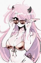 1girls artist_name bikini breasts cleavage demon_girl demon_horns female female_only freckles freckles_on_body golden_bikini horns june_(megrocks) large_breasts long_hair looking_at_viewer megrocks painted_fingernails painted_nails pink_hair pointy_ears simple_background smiling smiling_at_viewer solo solo_female sunglasses swimsuit upper_body white_background