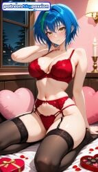1girls 2026 ai_assisted ai_generated anime bed blue_hair boobs breasts bust garter_belt garter_straps hi_res high_quality high_resolution high_school_dxd highres navel night on_bed patreon patreon_username pillow red_panties short_hair skypassion solo stable_diffusion thighhighs tits underwear watermark xenovia_quarta yellow_eyes
