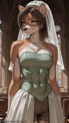 1girl ai_generated animal_ears arms_at_sides bare_shoulders breasts brown_eyes brown_fur brown_hair church cleavage collarbone cowboy_shot decurse dress female female_only furry furry_female indoors lara_croft medium_breasts shorts smile solo stained_glass standing strapless tomb_raider veil