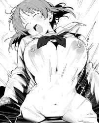 1boy 1girl bar_censor bottomless breasts censored closed_eyes commentary_request cowgirl_position girl_on_top girls_und_panzer greyscale henyaan_(oreizm) hetero highres large_breasts monochrome motion_lines navel neckerchief nipples nishizumi_miho ooarai_school_uniform revision sailor_collar school_uniform serafuku sex solo_focus straddling white_background
