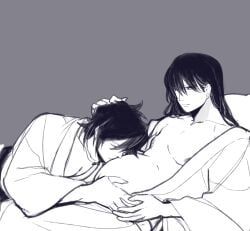 2boys aldebaranlavi gay gintama hand_on_another's_head katsura_kotarou kimono long-haired_male long_hair male male_only male_pregnancy monochrome on_back on_bed open_clothes open_kimono pregnant takasugi_shinsuke wholesome yaoi