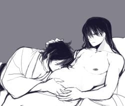 2boys aldebaranlavi blush clothed_male_nude_male completely_nude gay gintama hand_on_another's_head inverted_nipples katsura_kotarou kimono long-haired_male long_hair male male_only male_pregnancy monochrome nude nude_male on_back on_bed pregnant smile stretch_marks takasugi_shinsuke wholesome yaoi