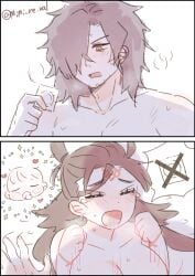 1boy 1girls big_breasts blush comic condom condom_wrapper facial_markings facial_tattoo fate/grand_order fate_(series) female himiko_(fate) implied_sex impregnation_request long_hair male mi_ne_ral motion_lines no_visible_genitalia nude okada_izou_(fate) sweat tattoo tattoos tears upper_body