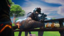 1boy 1girls anal anal_sex beach_jules cybergirl3d gun jules_(fortnite) public sniper sniper_rifle tagme tattoo tattoos video weapon