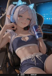 1girl ai_generated animal_ear_headphones animal_ears bare_shoulders breasts can chair cleavage cleavage_cutout clothing_cutout fake_animal_ears frenzyai frieren frieren_beyond_journey's_end green_eyes grin headphones holding holding_can long_hair looking_at_viewer monitor navel parted_bangs pointy_ears shorts sitting smile solo stomach twintails