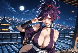 1girl ai_assisted ai_generated architecture bangs bare_shoulders breasts building cityscape cleavage collarbone curvaceous curvy curvy_female curvy_figure east_asian_architecture female full_moon japanese_clothes jigokuraku large_breasts long_hair looking_at_viewer miyuai moon night night_sky one_eye_closed outdoors ponytail purple_eyes purple_hair purple_kimono sky smile solo star_(sky) starry_sky thick thick_ass thick_butt thick_hips thick_legs thick_thighs tongue tongue_out voluptuous voluptuous_female wide_hips wide_thighs yuzuriha_(jigokuraku)