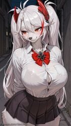 1girl ai_generated arms_behind_back black_bra black_skirt blush bow bowtie bra bra_visible_through_clothes breasts button_gap cleavage collared_shirt cross decurse furry furry_female hair_between_eyes headgear large_breasts long_hair looking_away miniskirt multicolored_hair outdoors pleated_skirt red_bow red_bowtie rwby school_uniform see-through shirt skirt smile solo streaked_hair underwear weiss_schnee white_hair white_shirt