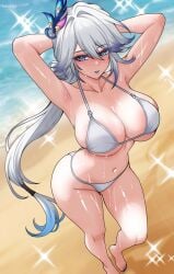 1female 1girls armpits arms_up beach big_breasts bikini bikini_bottom bikini_top blush breasts breasts_out exposed_breasts female haxial honkai:_star_rail honkai_(series) hoyoverse large_breasts long_hair mihoyo solo solo_focus sweat sweatdrop white_hair yao_guang_(honkai:_star_rail)