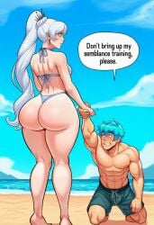 1boy 1girl abs ai_generated ass ass_focus back barefoot beach bikini blue_eyes blue_hair blue_sky blush breasts clothing cloud curvy day earrings english_text female full_body g-string hand_grab hetero high_ponytail holding_another's_wrist holding_hands huge_ass jewelry kneeling long_hair male male_swimwear muscular muscular_male navel neptune_vasilias nipples ocean outdoors pectorals ponytail rwby sand scar scar_across_eye scar_on_face short_hair sky speech_bubble standing swim_trunks swimsuit teeth thick_thighs thighs thong thong_bikini topless_male very_long_hair water weiss_schnee white_bikini white_hair wide_hips
