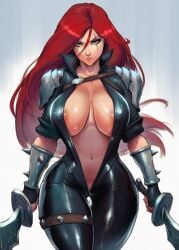 1girl ai_generated black_jacket bodysuit breasts bustybunz cleavage commentary_request green_eyes holding_weapon huge_breasts katarina knife league_of_legends leather long_hair looking_at_viewer makeup red_hair solo standing tagme weapon