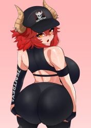 1girl armband ass ass_focus ass_grab baseball_cap big_ass breasts curvy curvy_figure detached_sleeves female fingerless_gloves horns huge_breasts light-skinned_female light_skin looking_at_viewer looking_back presenting_hindquarters rear_view red_hair simple_background socks_agency solo_female sweat the_only_shoe tights virtual_youtuber wide_hips workout_clothes yellow_eyes zentreya zentreya_(dragon)