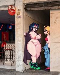 2girls alley alleyway alleyway_milf_(meme) beepisboop big_ass big_breasts blonde_female blonde_hair erect_penis erection erection_under_clothes exhibitionism exposing_self flashing flashing_breasts flashing_pussy oc opening_jacket original_character original_characters outdoor_nudity outdoors partially_clothed piercing piercings trans_woman transfem trenchcoat trenchcoat_only