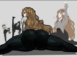 1boy 2d 3girls ass ass_focus big_ass blonde_hair blue_eyes clothed clothing digital_media_(artwork) don_quixote_(limbus_company) eclipseecliptus female female_focus from_behind hair hong_lu_(limbus_company) ishmael_(limbus_company) leggings limbus_company long_hair male orange_hair project_moon rodion_(limbus_company) tight_clothing video_games