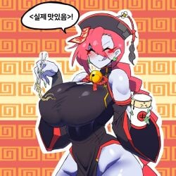 1girl bell_collar big_breasts blushing female_focus female_only food hat jiangshi jiangshi_(mannungei) mannungei noodles red_hair revealing_clothes skintight_clothing stitches thick_thighs traditional_clothes