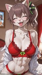1girl ahoge ai_generated animal_ears animal_nose blush body_fur bra breasts brown_hair cat_ears closed_eyes decurse furry furry_female hair_ribbon medium_breasts natsuiro_matsuri navel open_mouth panties red_panties ribbon side_ponytail solo tongue tongue_out underwear virtual_youtuber white_fur