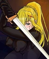 1girl ass blonde_hair blue_eyes blush bodysuit braided_hair breasts darkness_(konosuba) female_only hair_rings hehil_art huge_ass kono_subarashii_sekai_ni_shukufuku_wo! large_breasts long_hair looking_at_viewer mature_female ponytail solo sword thick_thighs thighs weapon