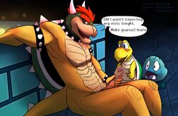 anthro blush bowser bowser_day collar comic dialogue drool_string english_text feral genitals goomba group hi_res horn humanoid_genitalia humanoid_penis implied_oral koopa_troopa looking_at_viewer male male/male mario_(series) nintendo open_mouth penis reptile scalie speech_bubble spiked_collar spikes super_mario_bros. super_mario_bros._(nes) text thekinkybear turtle uncut video_games