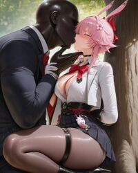 1boy 1girl 1girls ai_generated big_breasts big_thighs breasts cleavage dark-skinned_male evanescia_(honkai:_star_rail) female french_kiss height_difference honkai:_star_rail huge_thighs kiss kissing large_thighs male pantyhose sexy_body sexy_pose shiny_skin size_difference skirt thick_legs thick_thighs thighs uncensored