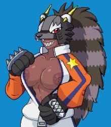1girls animal_hands bear_hand bearcatmon blackhook breasts breasts_out dark-skinned_female dark_skin digimon digimon_(species) digimon_beatbreak female female_focus female_only large_breasts looking_at_viewer mask masked masked_female no_bra pixel_(artwork) pixel_art unzipped unzipped_jacket