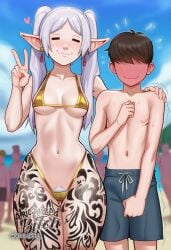 1girl ai_assisted ai_generated bikini blush breasts closed_eyes collarbone earrings heart hetero jewelry long_hair medium_breasts navel smile sweat swimsuit twintails violetverly