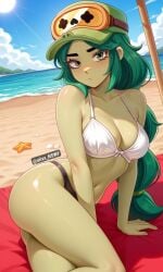 ai_art ai_generated alixx_nswf alli_(brawl_stars) alligator ass beach big_breasts bikini brawl_stars breasts green_body green_hair green_skin hat sexy supercell white_bra