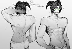 back_muscles back_view black_hair black_horns curly_hair early_morning green_eyes half_asleep harlequin_(the_freak_circus) looking_at_another looking_at_viewer monster monster_boy morning_after muscles muscular muscular_arms muscular_male nude nude_male pale-skin pale-skinned_male pale_body pale_skin partially_clothed partially_clothed_male solo solo_focus solo_male tall_male the_freak_circus waking_up