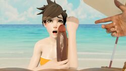 1boy 1girls 3d beach big_penis blizzard_entertainment brown_eyes brown_hair comparing_penis comparison dark-skinned_male dark_skin deepthroat_request eye_contact forearm_cock gigantic_penis hands-free imminent_deepthroat imminent_oral interracial large_penis lifeguard_tracer long_penis measuring measuring_penis open_mouth oral overwatch penis_awe penis_comparison petite pov shocked short_hair straight swimsuit tagme thefallen3dx tracer