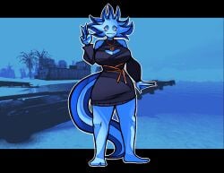 1girl antropomorph_humanoid axolotl beach beach_background clothed h huge_breasts oc original_character tagme ykujo