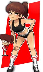 1girl ai_assisted ai_generated blacked blacked_clothing brown_hair cleavage edit freckles grok half-closed_eyes hand_on_hip lynn_loud maxtoon24 nickelodeon panties ponytail shoe small_breasts socks solo sports_bra the_loud_house
