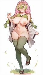 1girl 2026 ai_generated areola areolae artist_name big_breasts big_chest big_tits blush boobs braid breasts bust busty chest closed_mouth demon_slayer exposed_nipples gradient_hair grass green_eyes green_hair green_legwear hi_res high_quality highres japanese_clothes kanroji_mitsuri kimetsu_no_yaiba large_breasts leaf long_hair mole mole_under_eye multicolored_hair navel nipples nipples_outside patreon patreon_username pink_hair pinkname sandals solo sweat thighhighs tits twin_braids watermark wide_sleeves