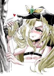 1boy 1girls annoyed_expression belt black_souls blonde_hair blush cap commission commissioner_upload dick erection green_eyes haho hairjob hat long_hair naked_female rapunzel