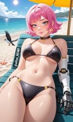 ai_art ai_generated alixx_nswf beach beatrix_(mobile_legends) big_breasts bikini breasts mobile_legends mobile_legends:_bang_bang pink_hair robotic_arm sexy